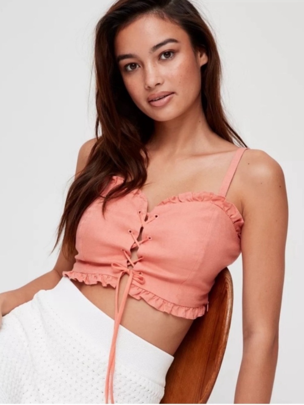 NEW Wilfred 100% Linen Sariah Crop Top Boho Cottagecore Ruffled Corset Coral